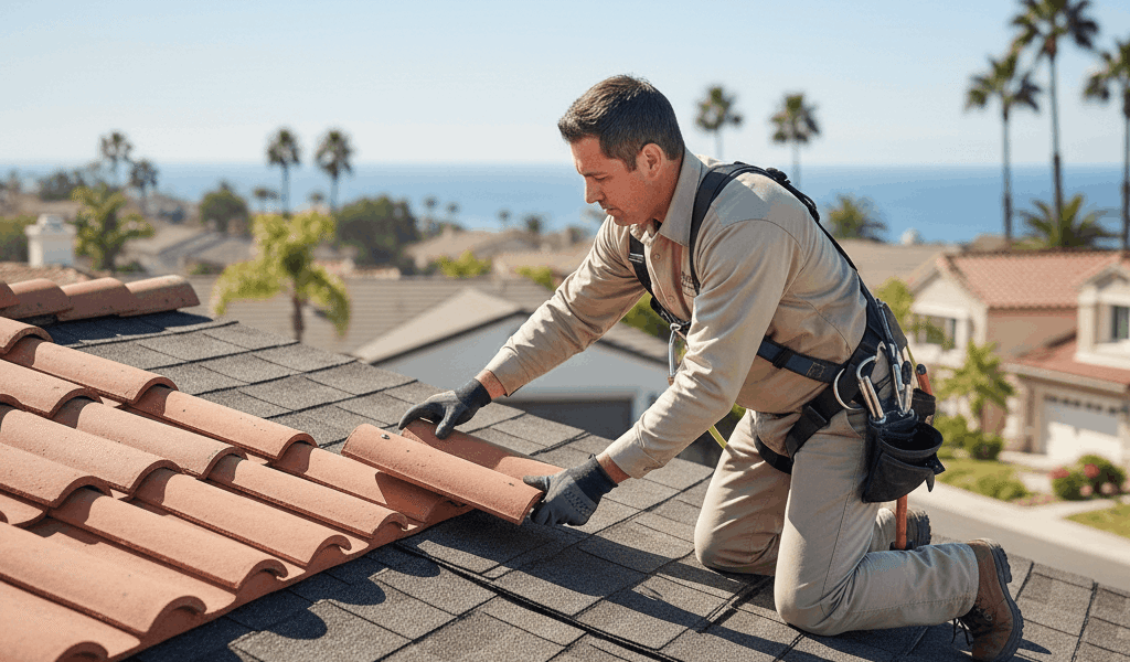 Technician is repairing shingle roof in carlsbad, CA