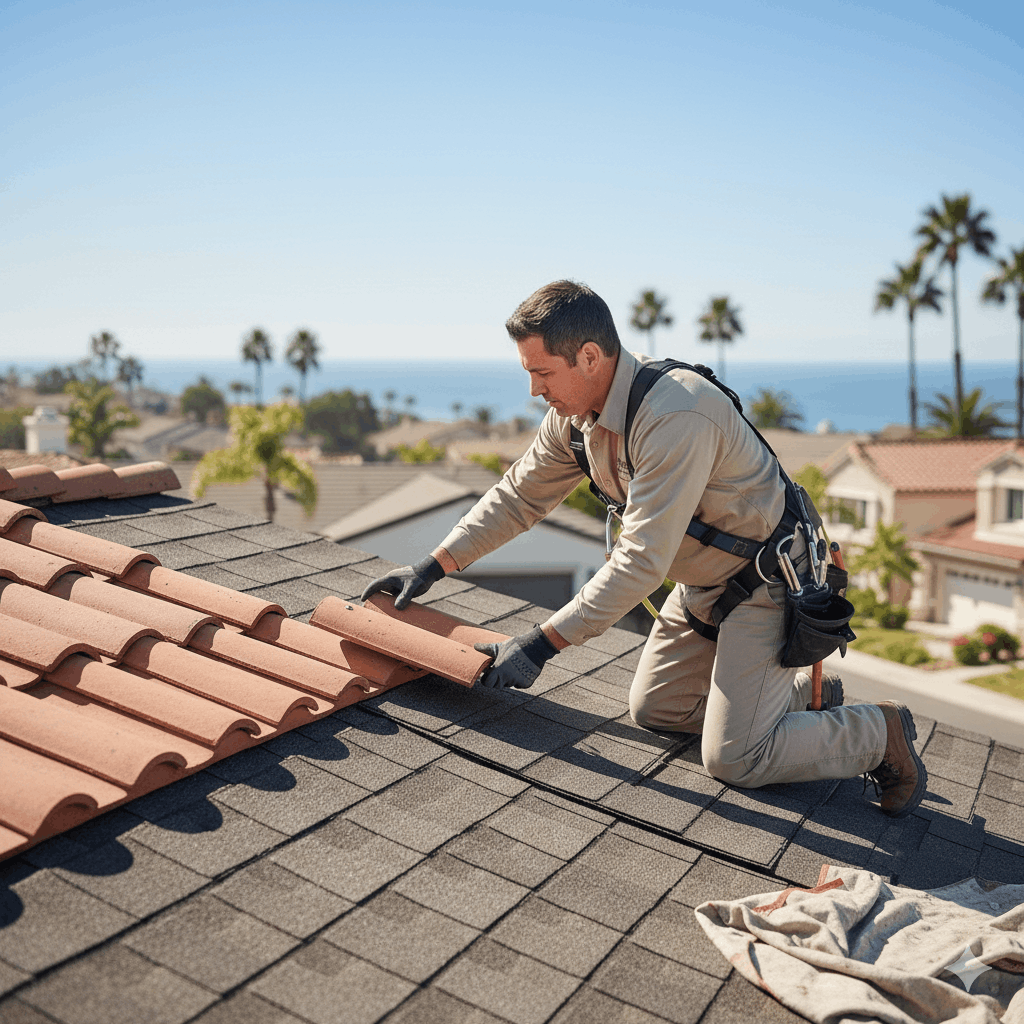 Technician is repairing shingle roof in carlsbad, CA